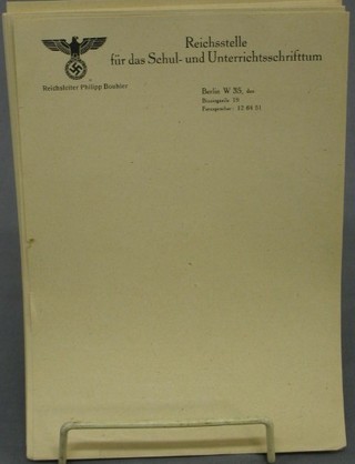24 pieces of German embossed note paper marked Reichsstelle fur  das Schul-und Unterrichtsschrifttum, Reichsleiter Philipp Bouhler Berlin W35 8 1/2" x 6"