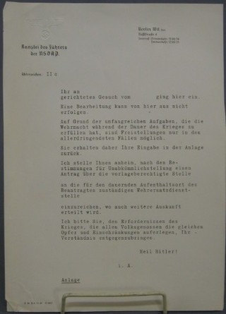 2 typed addresses from Kanzlei Des Fuhrer Der Nsdap Berlin W8, one paragraph long 12" x 8"