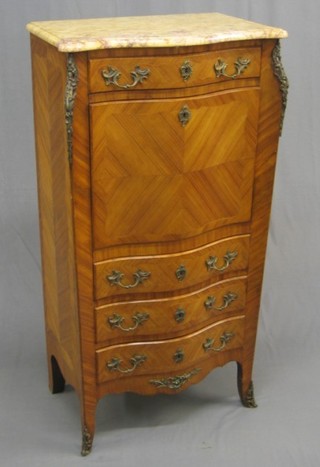 A 20th Century French Kingwood escritoire of serpentine outline, with pink veined marble top, fitted 1 long drawer above a fall front revealing a fitted interior, the base fitted 3 short drawers raised on splayed feet, 28"