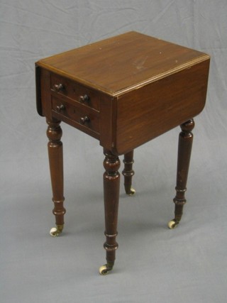 A Victorian mahogany drop flap work table, with 2 long drawers and raised on turned supports 18"