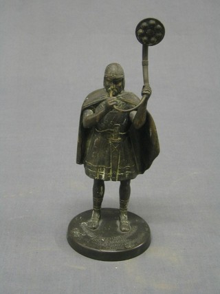 A Swedish bronzed figure of a standing warrior with trumpet, base marked Resounding Lures For Battle Rallied, Each Hero Son, 8"