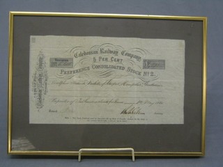 A Victorian share certificate for the Caledonian Railway Company 1860, framed