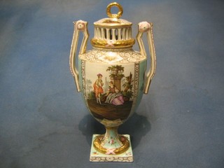 A late Dresden twin handled pot pouri urn and cover with panelled decoration of ladies and gentleman, base with crowned D mark 12"