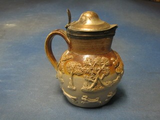 A 19th Century salt glazed harvest jug with silver plated mount (slight chip to rim) 7"