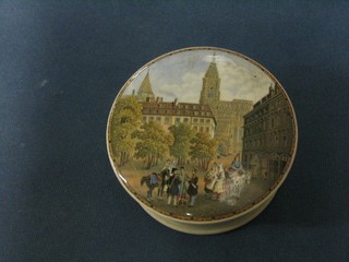 A  19th Century Prattware pot lid and base, decorated Continental market scene with cathedral and figures (chips to rim)