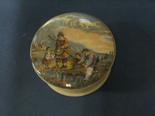 A 19th Century Prattware pot lid and base shrimping scene (2 large chips to rim)