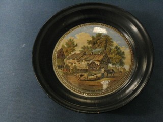 A 19th Century Prattware pot lid "The Residents of Ann Hathaway, Shakespeare's wife" contained in an oak socle base