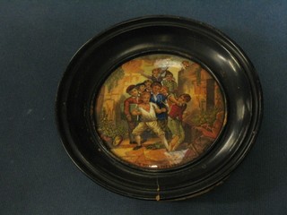A 19th Century Prattware pot lid contained in a socle frame "The Wolf and the Lamb" (chip to reverse)