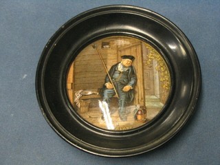 A 19th Century Prattware pot lid contained in a socle frame "On Guard"