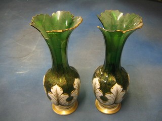 A handsome pair of 19th Century Bohemian etched red and blue glass club shaped vases (both heavily damaged) 13"