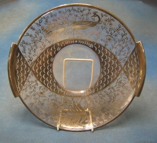 A circular glass and inlaid silver twin handled dish decorated fabulous birds 12 1/2"