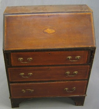 An Edwardian inlaid mahogany bureau, the fall front with crossbanding and ebony and satinwood stringing, inlaid a shell to the centre above 3 long drawers, raised on bracket feet 30"