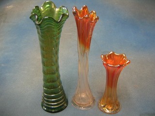 3 green Carnival glass vases and 4 orange Carnival glass vases (7)