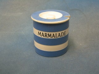 A circular T G Green blue and white striped Cornish kitchenware marmalade jar and cover, base with green T G Green church mark (some contact marks to lid) 4"
