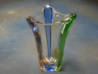 A triangular shaped Art Glass vase 9"
