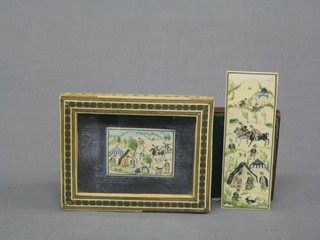 An Eastern ivory panel depicting Camp Scene with Horseman 4 1/2" x 2" contained in a Moorish frame and 1 other 4 1/1" x 1 (unframed)