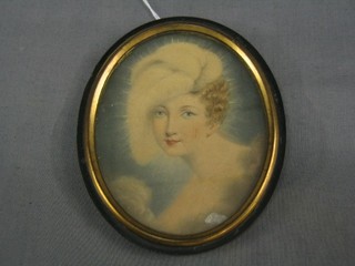 A 19th Century portrait miniature print, head and shoulders of a lady, 4"