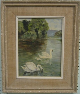 Impressionist oil painting on board "Two Swans" 12" x 9" dated 1959