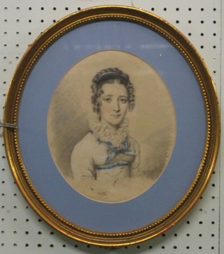 19th Century pencil head and shoulders portrait "Lady" indistinctly signed and dated 1818 9" oval