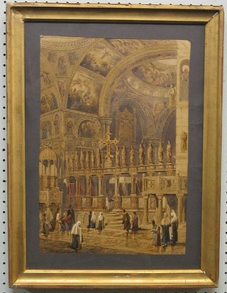 19th Century watercolour drawing "Church Interior with Screen and Figures" 15" x 11" inscribed to the bottom