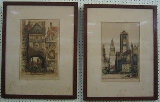 A pair of 19th Century coloured engravings "Continental Street Scenes" 15" x 10" signed