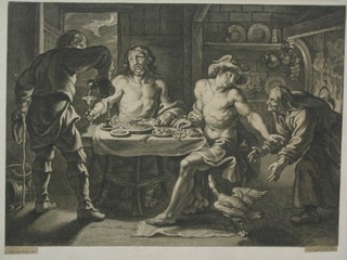 A monochrome engraving after P de Balliu "Interior Feasting Scene with Mythical Figures" 10" x 14" (mounted and unframed)