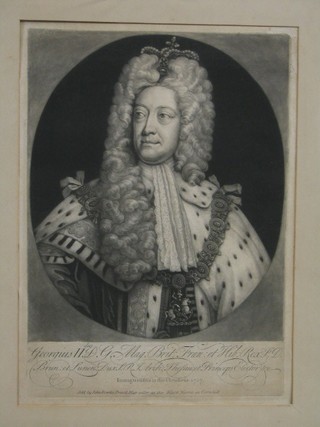 An engraving of George II sold by John Bowles print and map seller at the Black Horse Inn Cornhill, 14" x 11" (unframed, very light foxing to the mount)