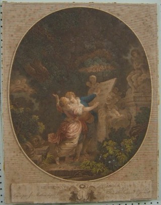 An 18th Century Bartolozzi style coloured print of Lovers "Leserment D'aur" 19" oval,  (unframed, heavily foxed)