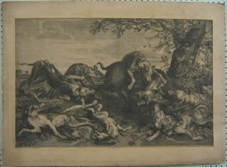 An 18th Century French monochrome print "Dogs and Boar"  by Zaal Delin et Fecit, 16" x 26" (crease to top right and some foxing)