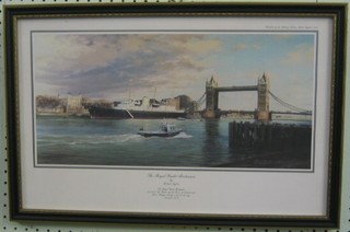 A coloured print after Robert Taylor "The Royal Yacht Britannia, Moored on the Thames by the Tower of London"