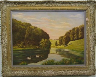A M Taddei, oil painting on board "Swanbourn Lake, Arundel" 18" x 24" signed