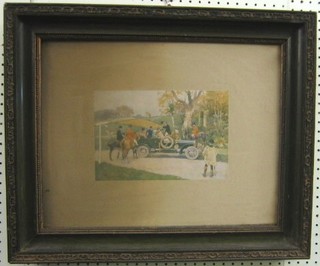 A 1930's coloured hunting print "Lady of the Manor Arriving in her Motor Car" 7" x 20"