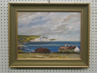 20th Century oil painting on board "Berling Gap Sussex, with Cottages" 11" x 15" indistinctly signed