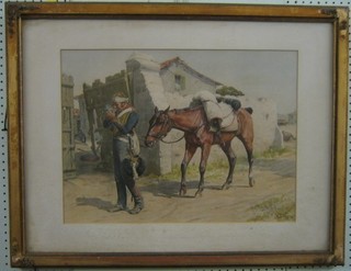 A coloured print after W B Wollen "Returning Lame Horse and Cavalryman after the Battle" 15" x 21"