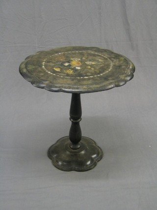 A Victorian oval papier mache snap top table raised on a turned column with circular base, 27" (tired condition)