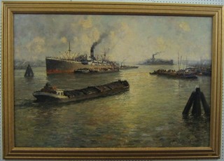 J.  Penwels?, impressionist oil on canvas "Harbour Scene, St Paul of Antwerp with Steam Boats, Tenders and Barges" 31" x 47"