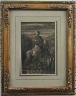 Alexandre Decamps, charcoal drawing "Turkish Horseman" 14 1/2" x 9", monogrammed DC, the reverse with Hirschl & Alder Gallery Label, Jan Krugier Gallery New York Label and also with Eric Frank Geneva Gallery label    