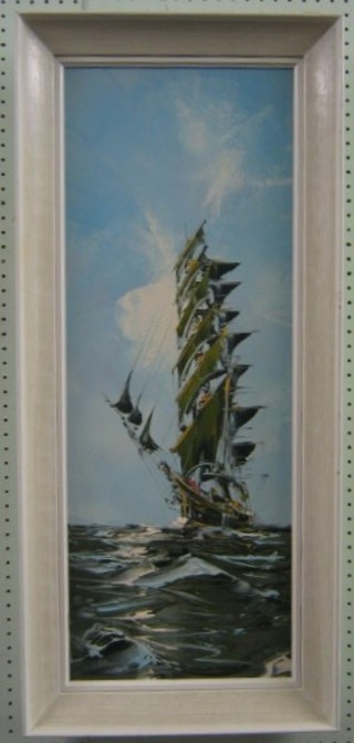 Deaking, impressionist oil painting "Clipper in Full Sail" signed and dated '73 31" x 11"