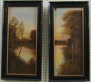 H Burton, a pair of Victorian oil paintings on board "River Scenes at Dusk" 19" x 8"