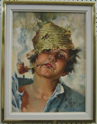 S Bianchi, oil painting "Young Boy Smoking a Pipe" 15" x 11"