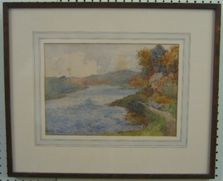L Glyn, watercolour "Country River with Trees in Distance" 9" x 12" some foxing contained in an oak frame