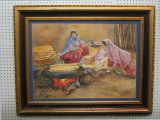20th Century Persian School, watercolour "2 Peasant Ladies Baking Bread" 17" x 14" dated 1927