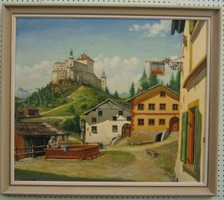 A Weston, oil on board "Tarasp Castle, Switzerland" signed and dated 1967 24" x 27"