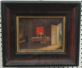 A 19th Century Continental oil painting on board "Cottage Interior Scene with Long Case Clock, Dining table and Chairs" 5" x 7" indistinctly signed