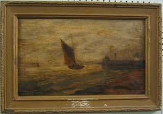 A 19th Century oil painting on canvas "Jetty with Sailing Boat" 9" x 15"