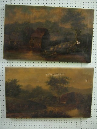 A pair of 19th Century Continental oil paintings on canvas "Mill and Farm Buildings" 15" x 25" holes and some paint loss