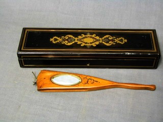 A rectangular 19th Century ebony and brass inlaid box 12" and an inlaid olive wood fan