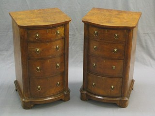 A pair of Victorian bow front figured walnut bedside chests of 4 drawers with replacement brass lion mask and ring drop handles 16" (formerly part of a dressing table, recently repolished and with some veneer damage to the edges)
