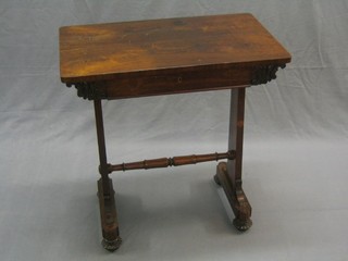 A William IV rectangular rosewood work table fitted a drawer, raised on standard end supports united by a turned stretcher 28" (old light scratch to the top)