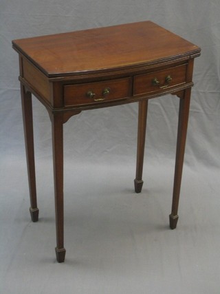 An Edwardian Georgian style mahogany bow front card table fitted 2 short drawers with brass swan neck drop handles, raised on square tapering supports ending in spade feet 22"